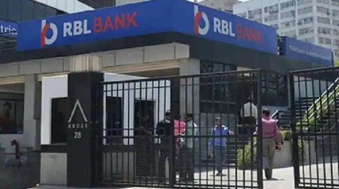 RBL Bank headquarters with stock market chart indicating decline